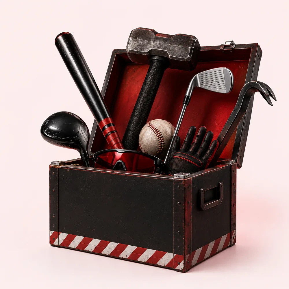 A crate of smash tools: big hammer, baseball bat, golf clubs, crowbar, gloves, and goggles